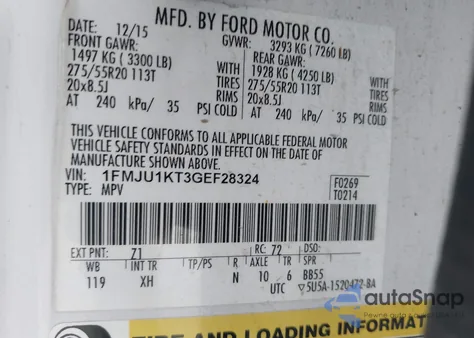 2016 Ford Expedition Limited from USA, damaged, VIN 1FMJU1KT3GEF28324